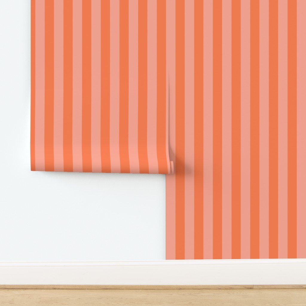 Sunset Coral and Tonal Coral 2 Inch Vertical Cabana Stripes Wallpaper design