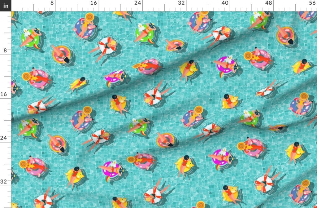 Aqua Summer Pool Party with Ring Floats and Swimmers Fabric design