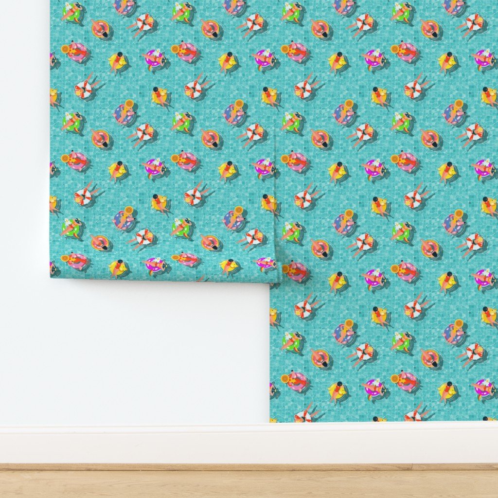Aqua Summer Pool Party with Ring Floats and Swimmers Wallpaper design