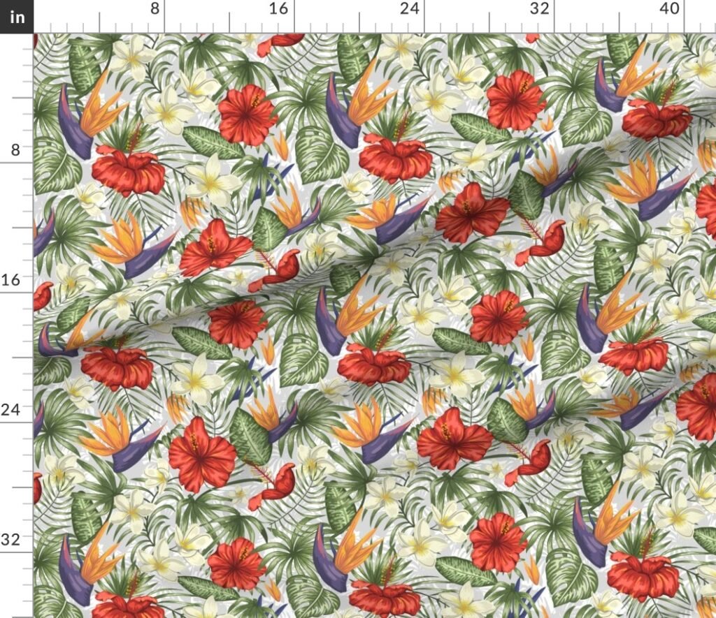 White and Red Hawaiian Hibiscus Birds of Paradise and Plumeria Fabric design