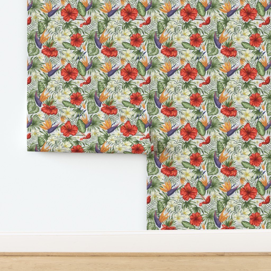 White and Red Hawaiian Hibiscus Birds of Paradise and Plumeria Wallpaper design