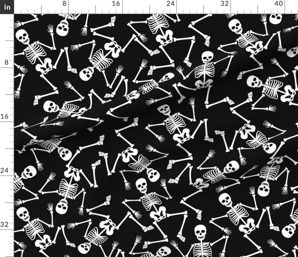 Large White Dancing Halloween Skeletons Scattered On Black Fabric design
