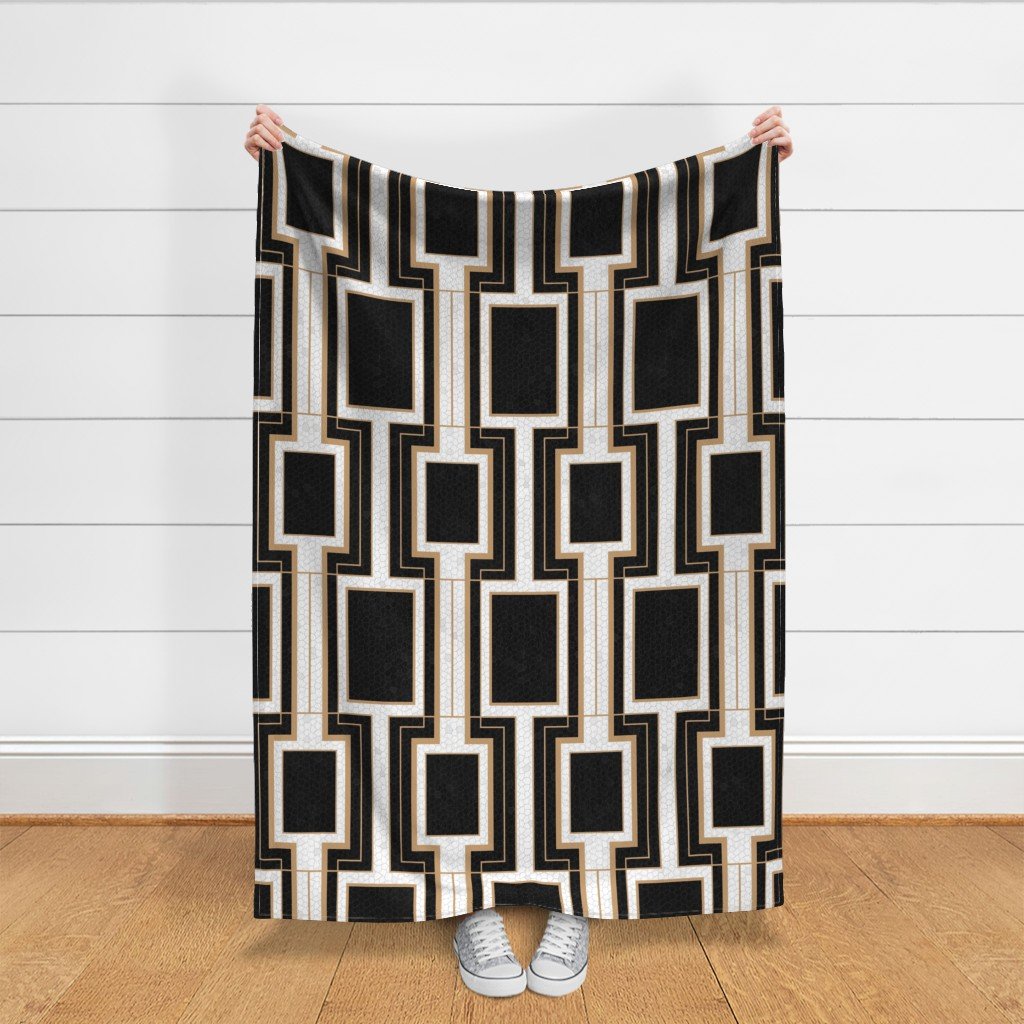 Jumbo Art Deco Geometric Rectangles in Cracked Black and Faux Gold Fabric art deco fabric