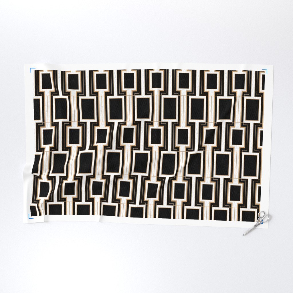Small Art Deco Geometric Rectangles in Cracked Black and Faux Gold Fabric art deco fabric