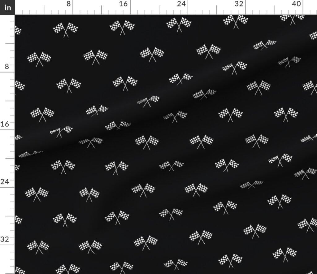 Small Black and White Classic Chequered Flags on Black Fabric design