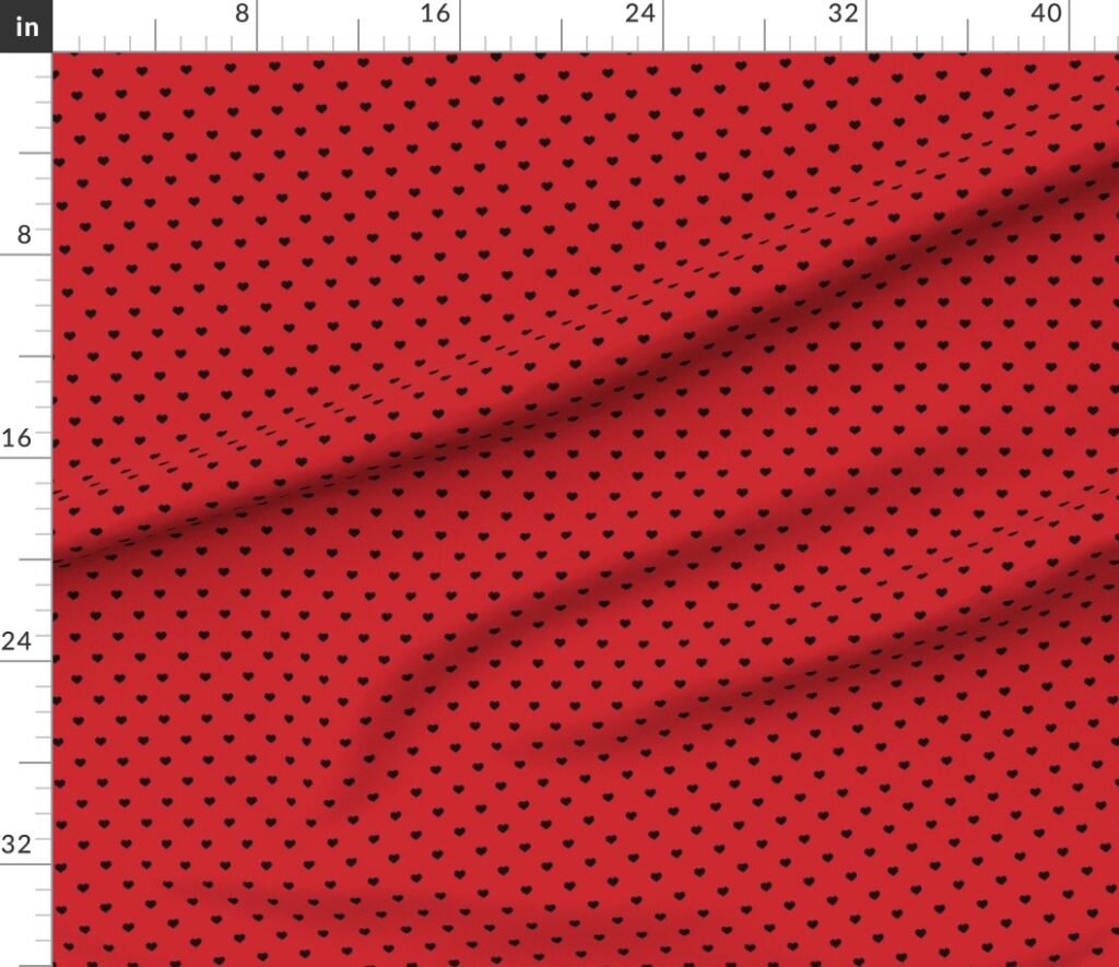 Mini Black Valentines Polkadot Love Hearts on Poppy Red Background Fabric design