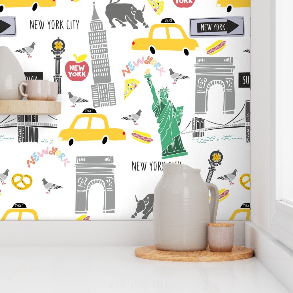 New York City Handdrawn Motifs Empire State Statue of Liberty Yellow Wallpaper statue of liberty wallpaper