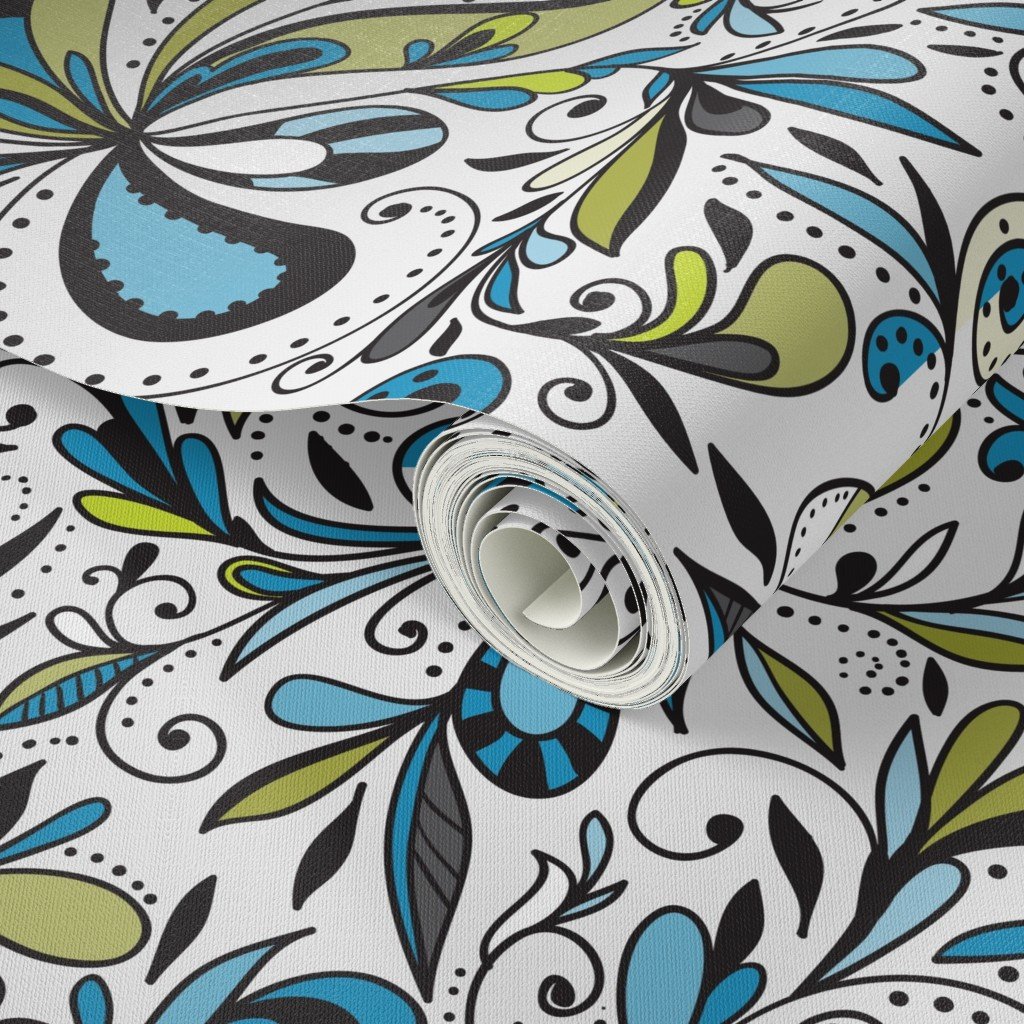 Floral Doodles Seamless Repeat Pattern in Blue and Green Wallpaper floral doodles wallpaper