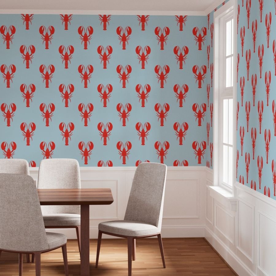 Handdrawn Motif of a Red Lobster on Pale Blue Wallpaper maine lobsters wallpaper