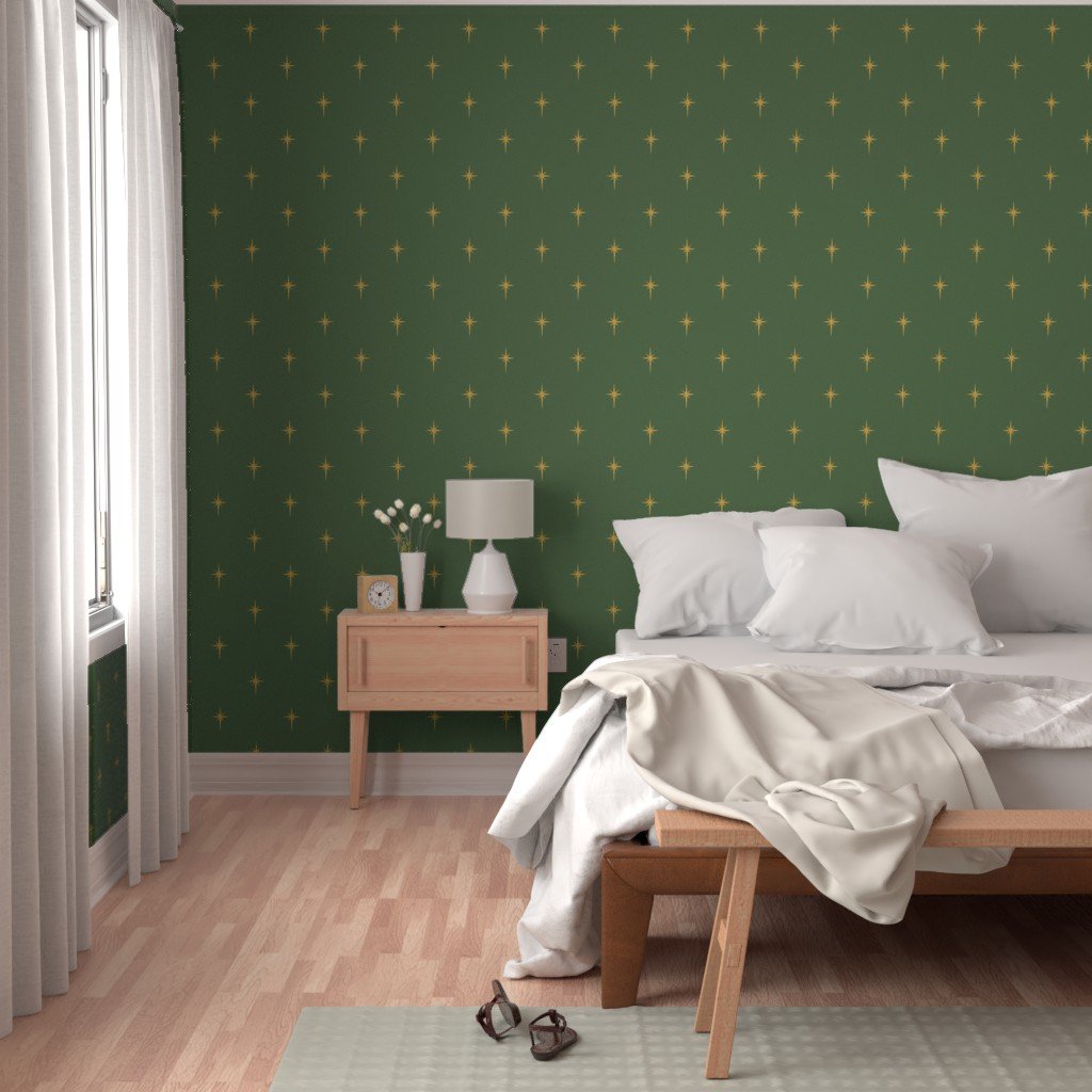 Christmas Faux Gold Foil Star in Fir Tree Green Wallpaper christmas gold star wallpaper