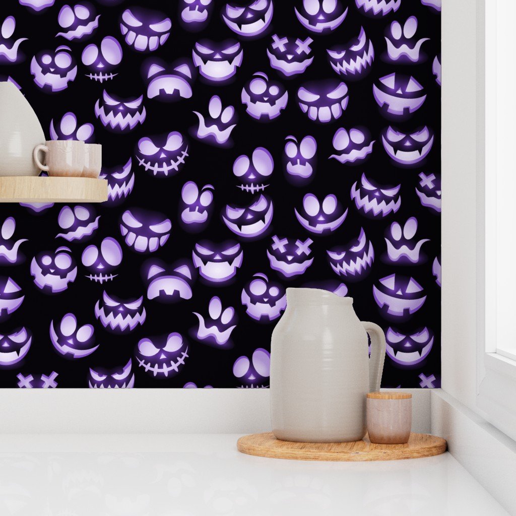 Micro Grinning Halloween Purple Faces on Black Wallpaper scary faces wallpaper