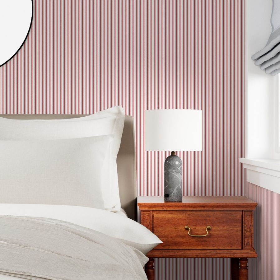 Mattress Ticking Narrow Striped Pattern in Crimson Red Wallpaper narrow ticking wallpaper