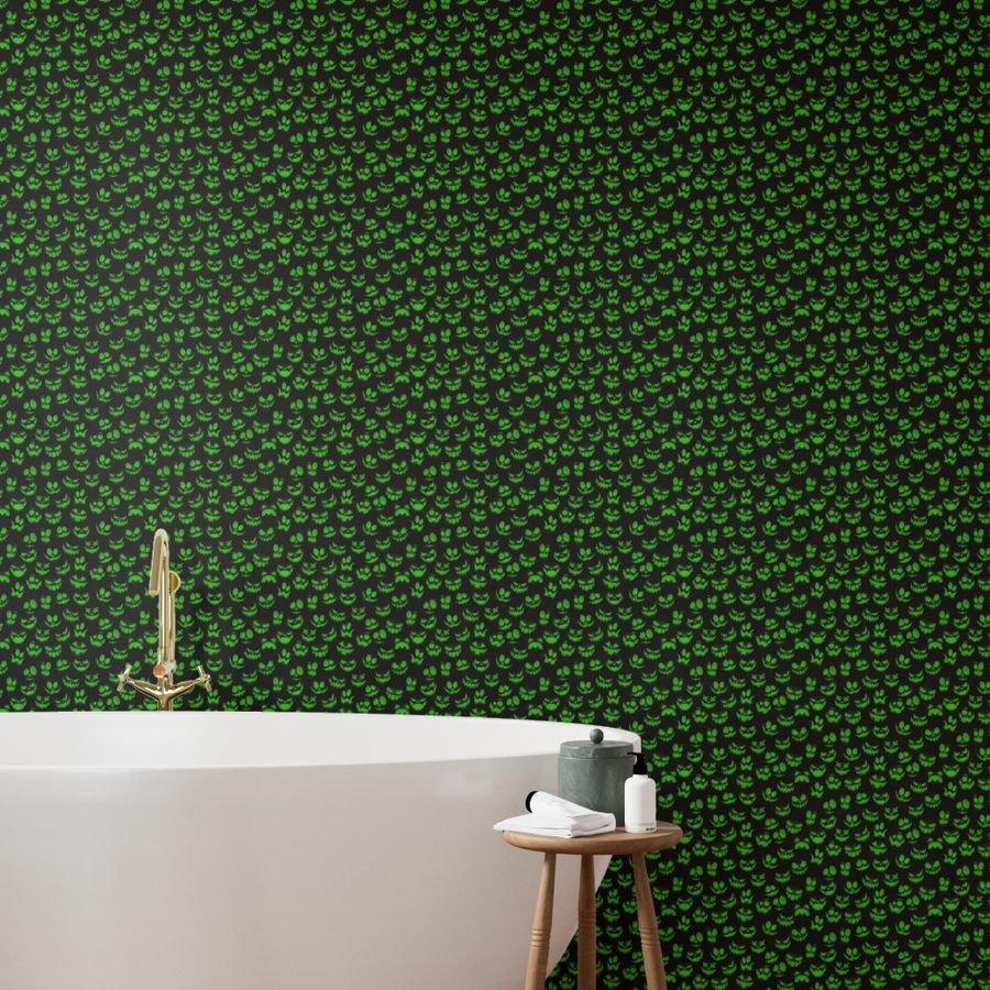 Mini Grinning Halloween Jack o Lantern Faces in Neon Green on Black Wallpaper pumpkin faces wallpaper