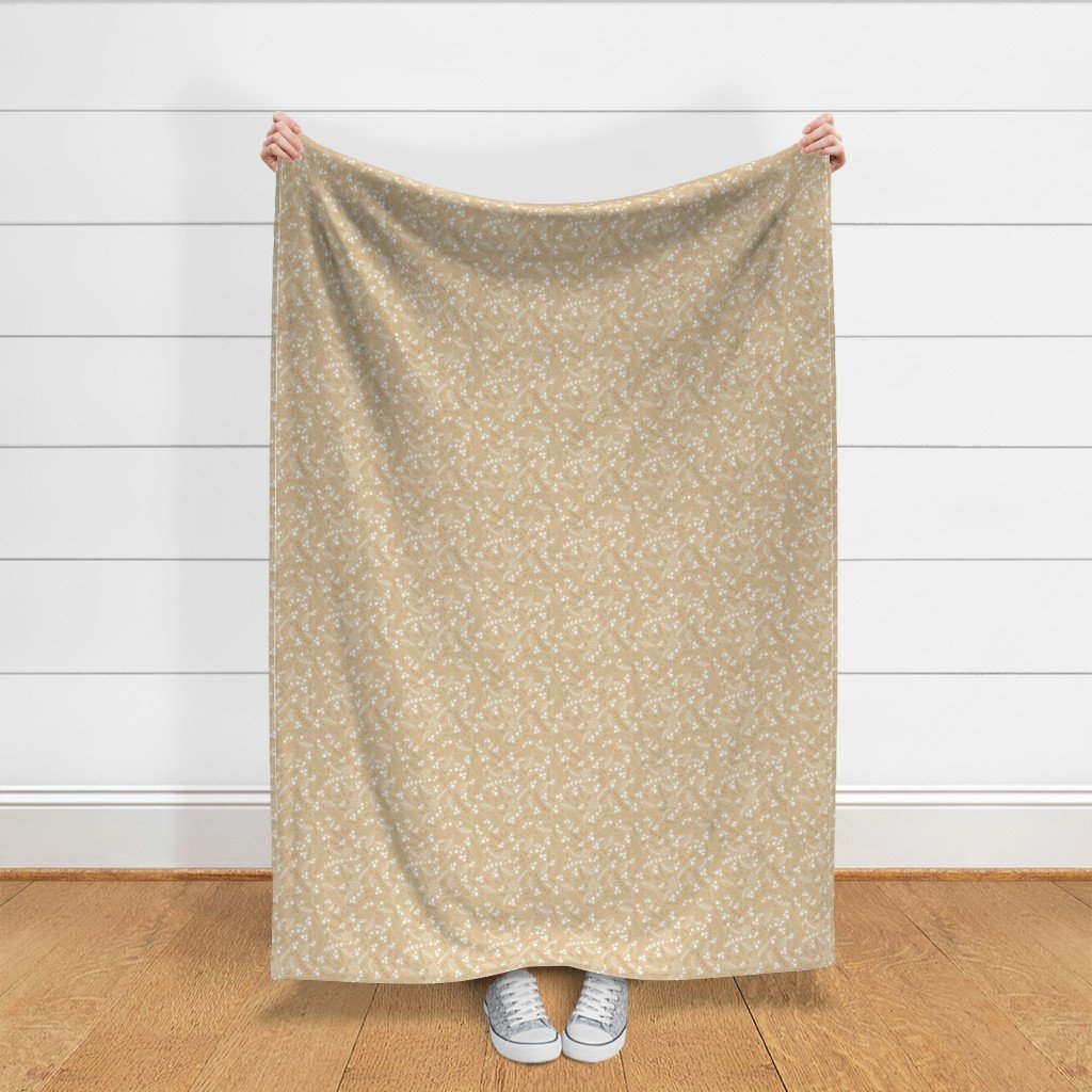 Christmas Beige and White Small Holly and Mistletoe Repeat on Pale Fabric christmas poinsettia fabric