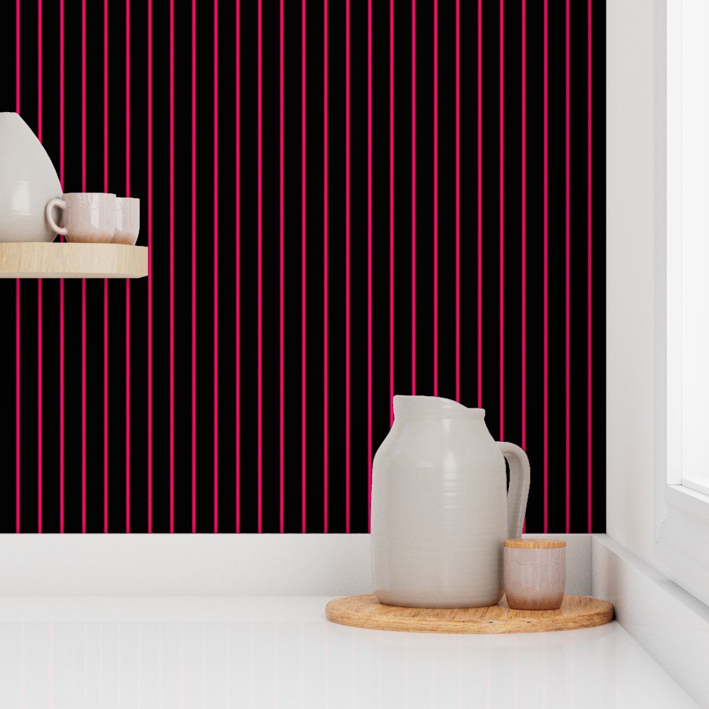Classic wider 1 Inch Bright Hot Pink Pinstripe on a Black Background Wallpaper thin stripes wallpaper