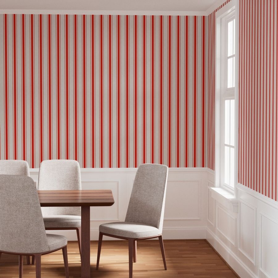 Garnet Red Antique Vintage Mattress Ticking Stripe on Cream Wallpaper red ticking wallpaper