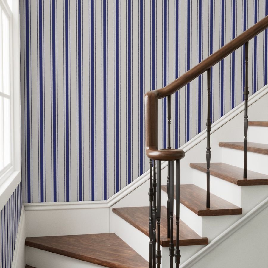 Medium Cornflower Blue Antique Vintage Mattress Ticking Stripe on Cream Home Decor Collection Home Styling Collection antique stripe wallpaper