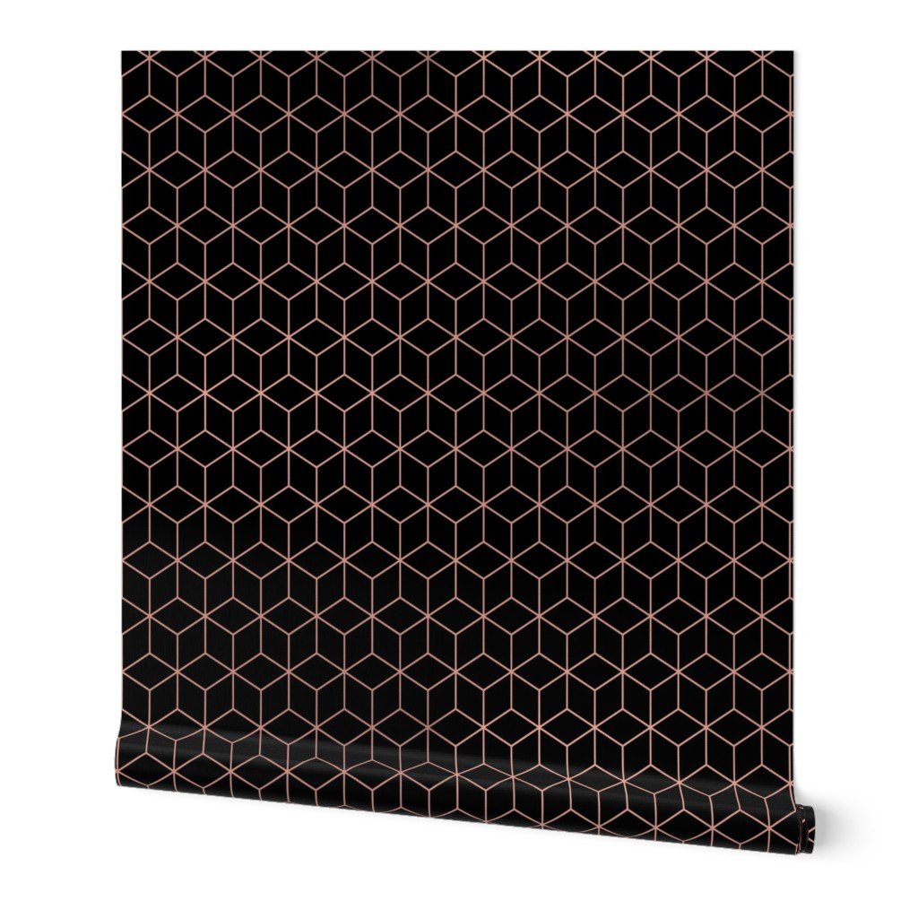 Large Black and Faux Metallic Rose Gold Art Deco 3D Geometric Cubes Wallpaper rose gold wallpaper