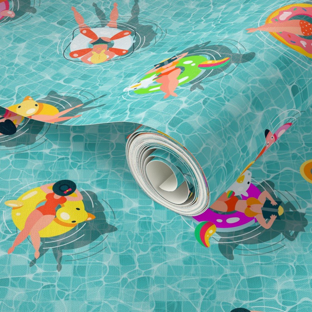 Aqua Summer Pool Party with Ring Floats and Swimmers Wallpaper aqua water wallpaper