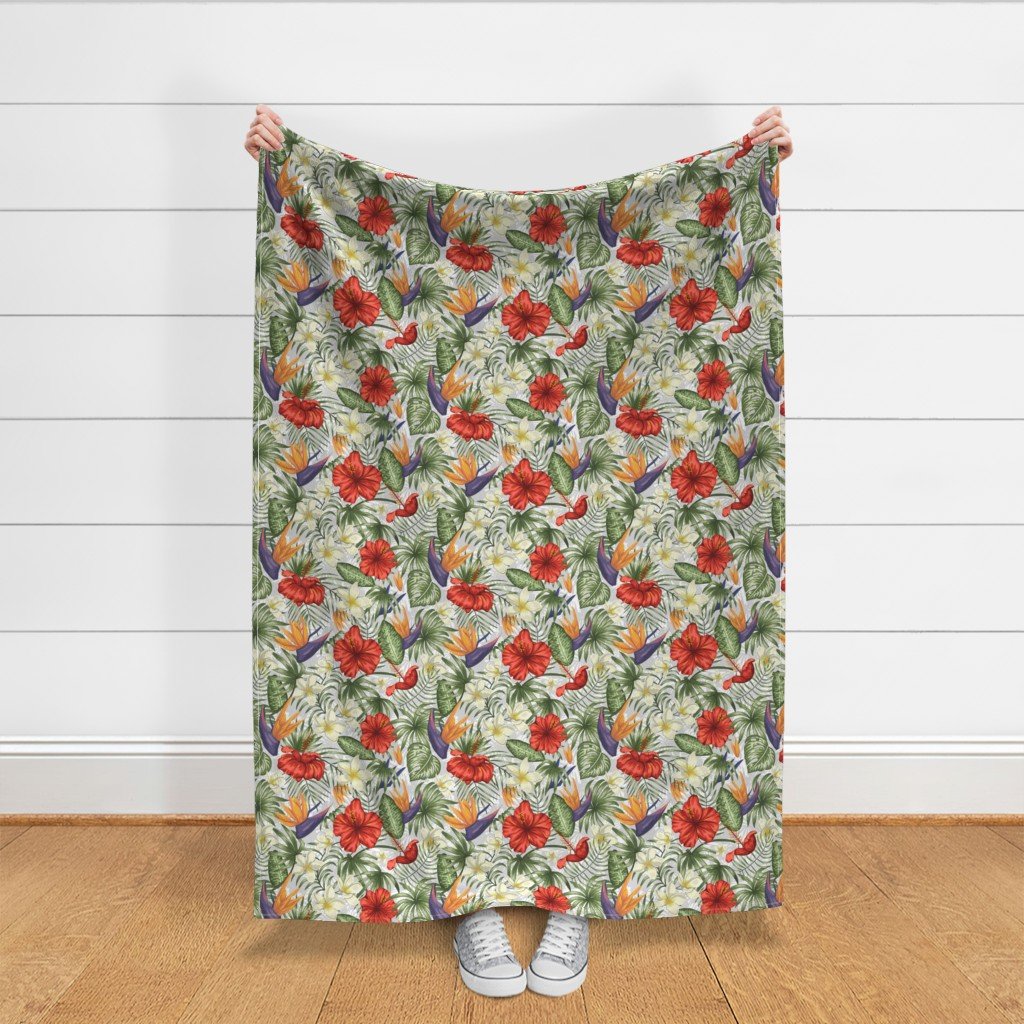 White and Red Hawaiian Hibiscus Birds of Paradise and Plumeria Fabric palm fronds fabric
