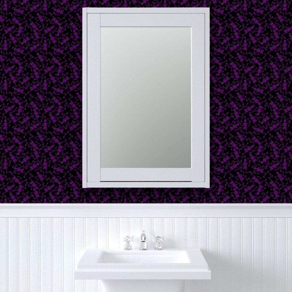 Small Purple Dancing Halloween Skeletons Scattered On Black Wallpaper purple and black wallpaper
