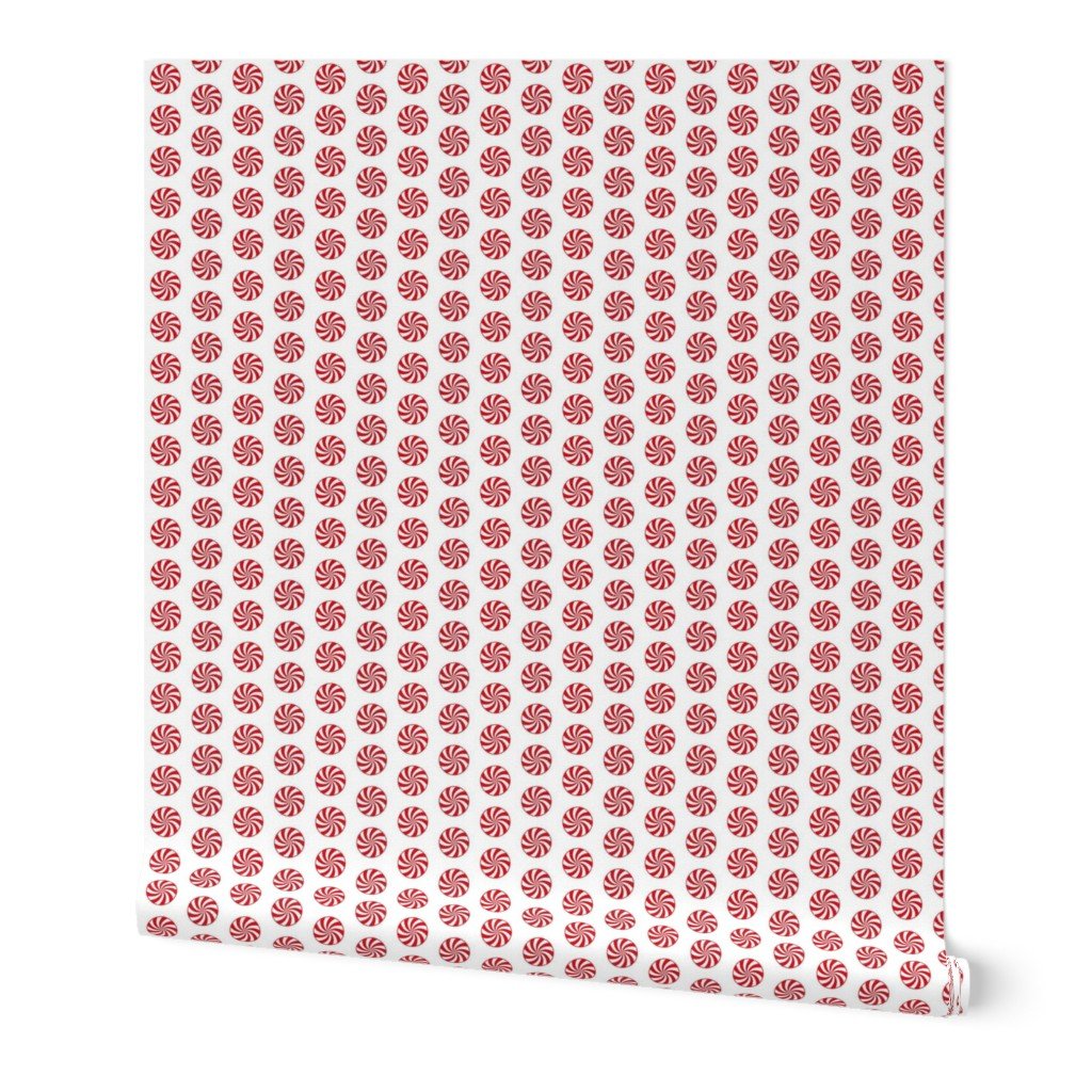 Red and White Peppermint Christmas Candy Swirls on White Wallpaper christmas peppermint wallpaper