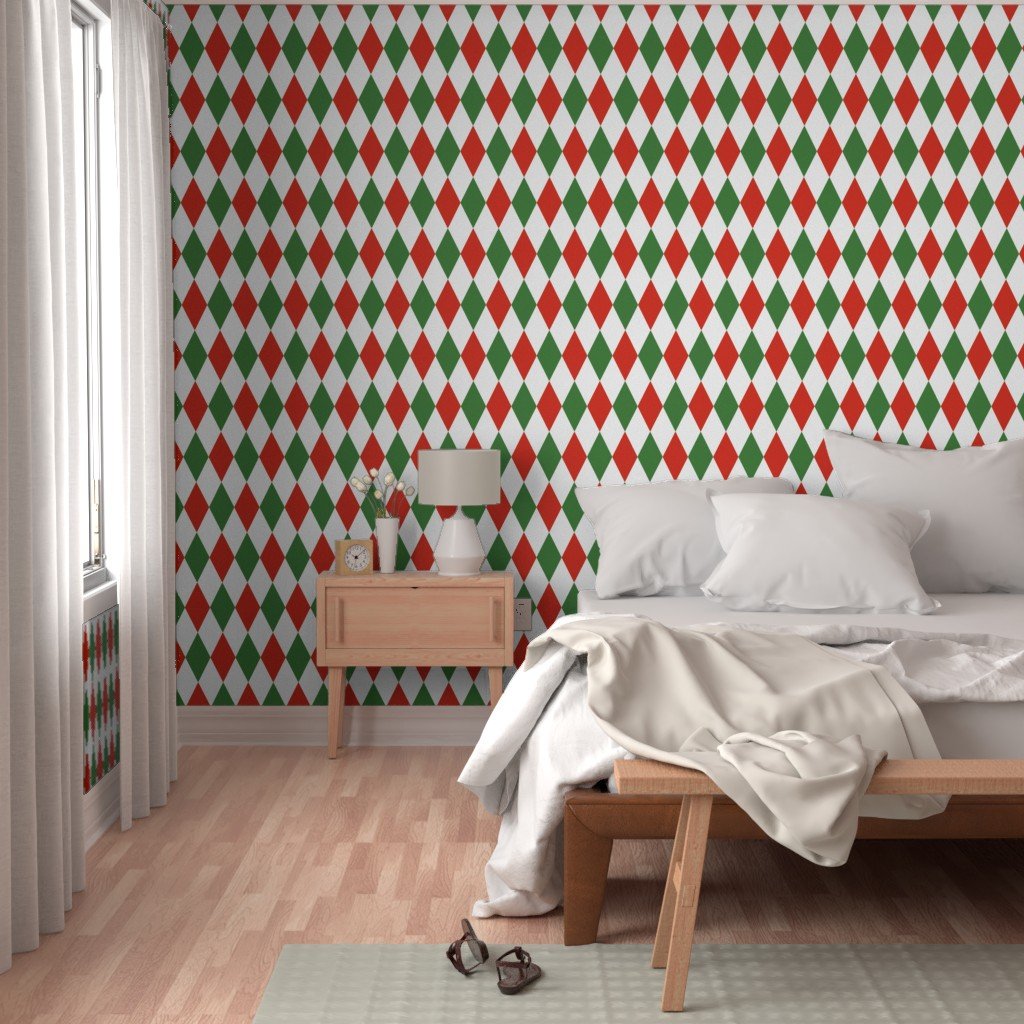 Jumbo Red Green Christmas Harlequin Diamond Check Wallpaper red diamonds wallpaper