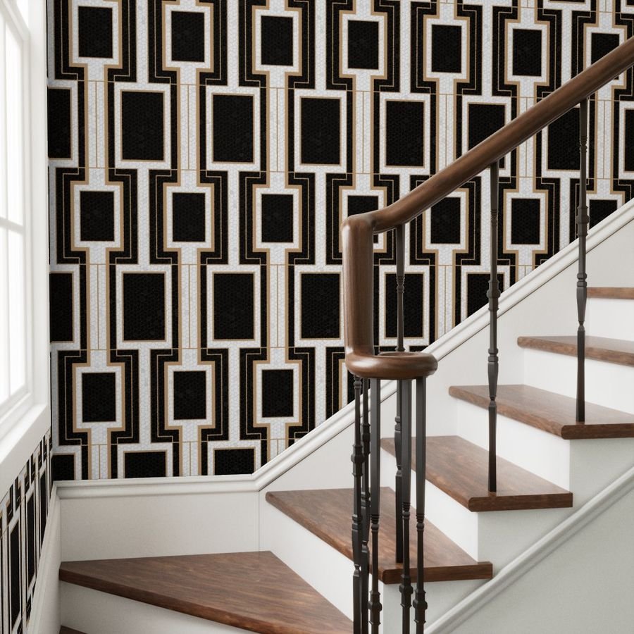 Jumbo Art Deco Geometric Rectangles in Cracked Black and Faux Gold Wallpaper art deco wallpaper