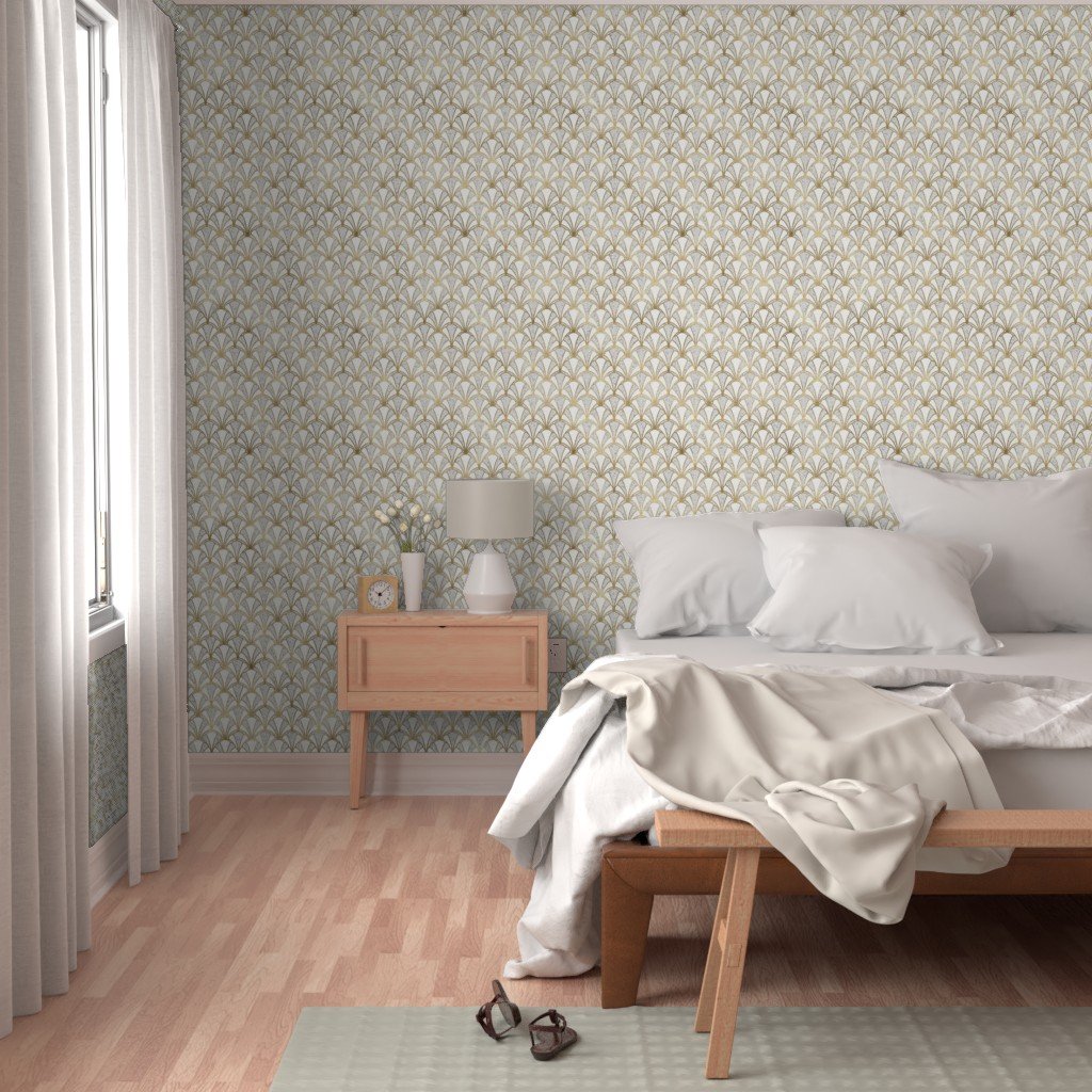 Crackled Cream Scallop Shells in Off White with Gold Art Deco Vintage Wallpaper cracked eggshell wallpaper