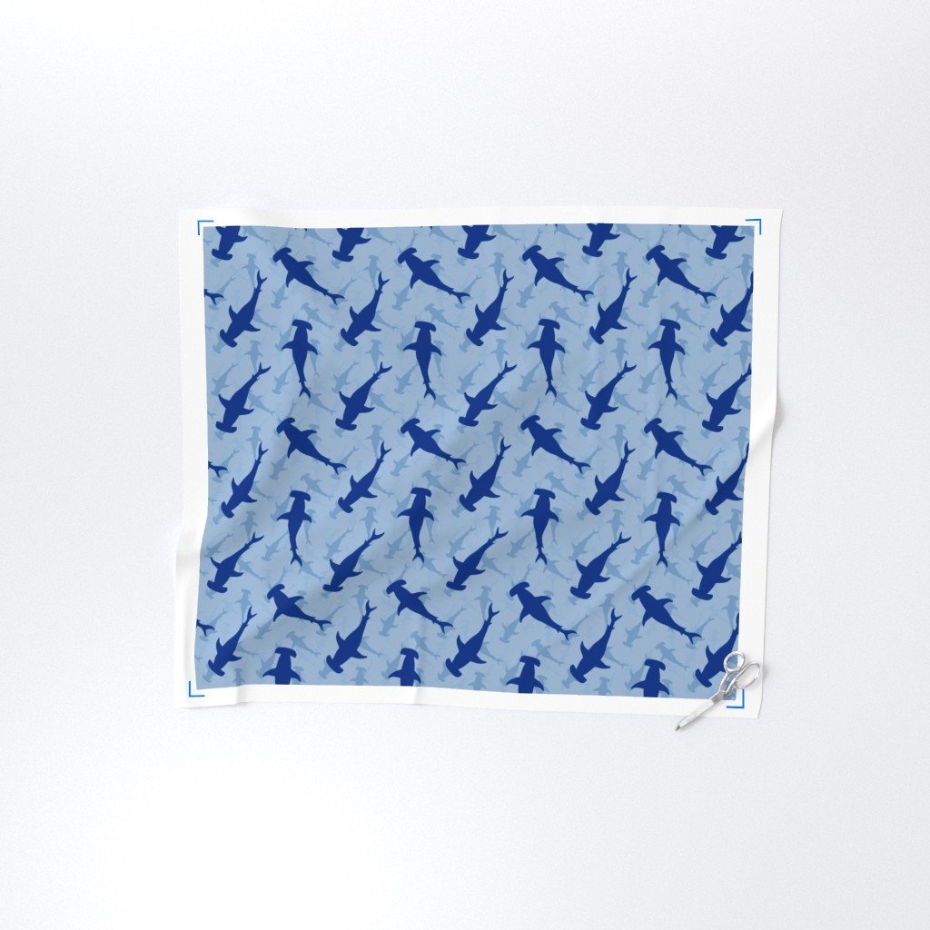 Dark Hammerhead Sharks Silhouette Circling in Sky Blue Water Fabric blue fabric