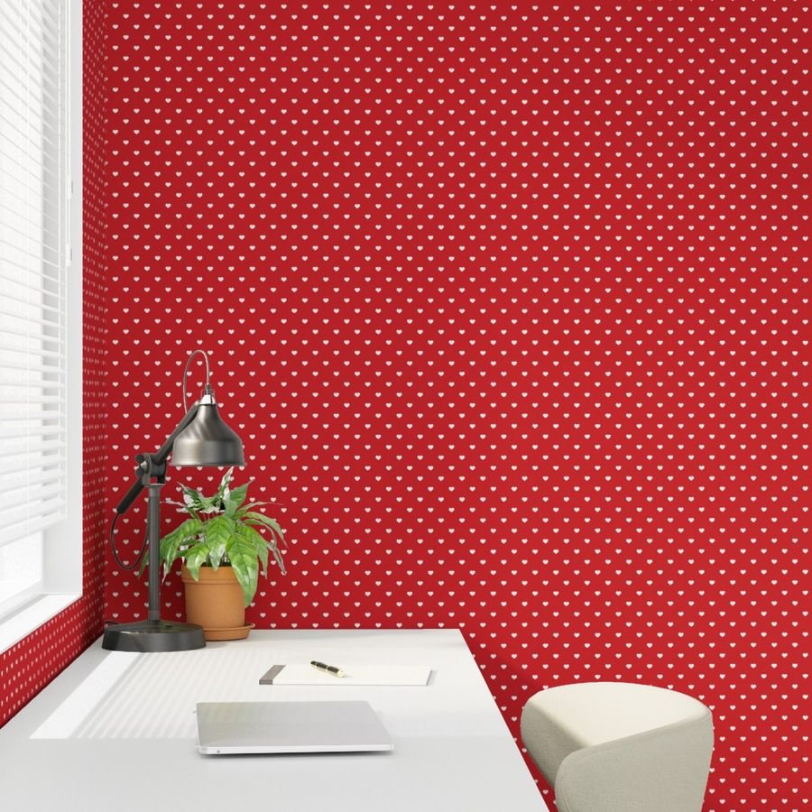 Mini White Valentines Polkadot Love Hearts on Poppy Red Background Wallpaper poppy white wallpaper