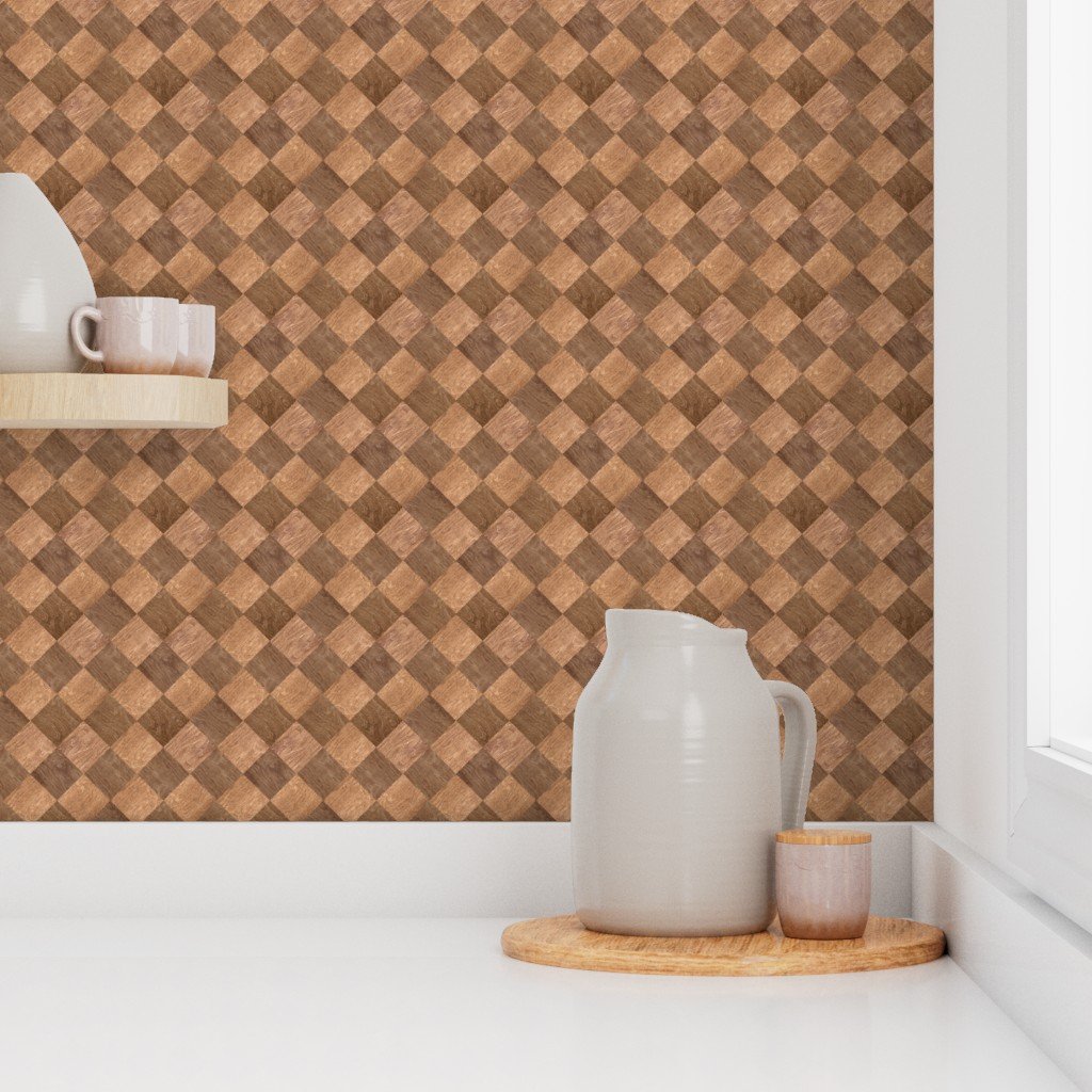 2 inch Diagonal Light and Dark Wood Checkerboard Chess Marquetry Pattern Wallpaper wood parquet wallpaper