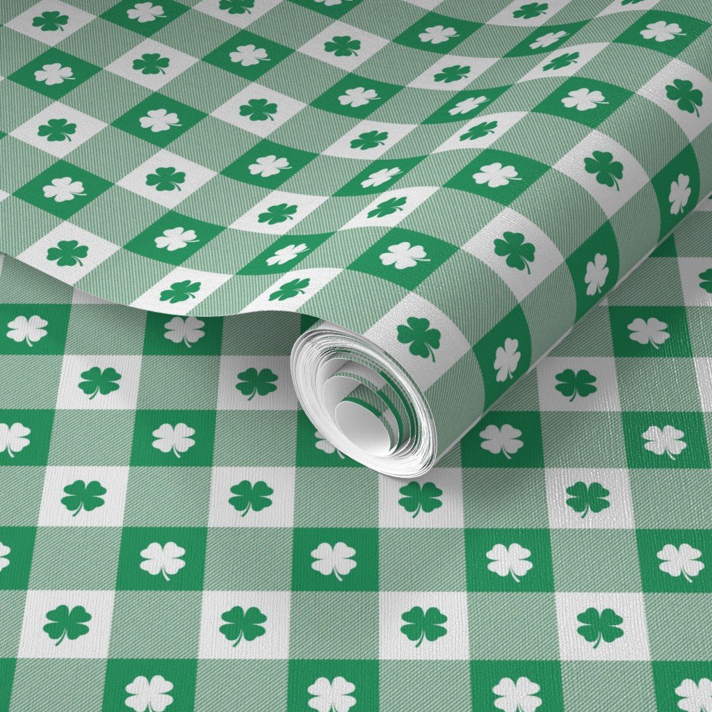 Kelly and White Gingham Check with Center Shamrock Medallions in Wallpaper kelly and white wallpaper