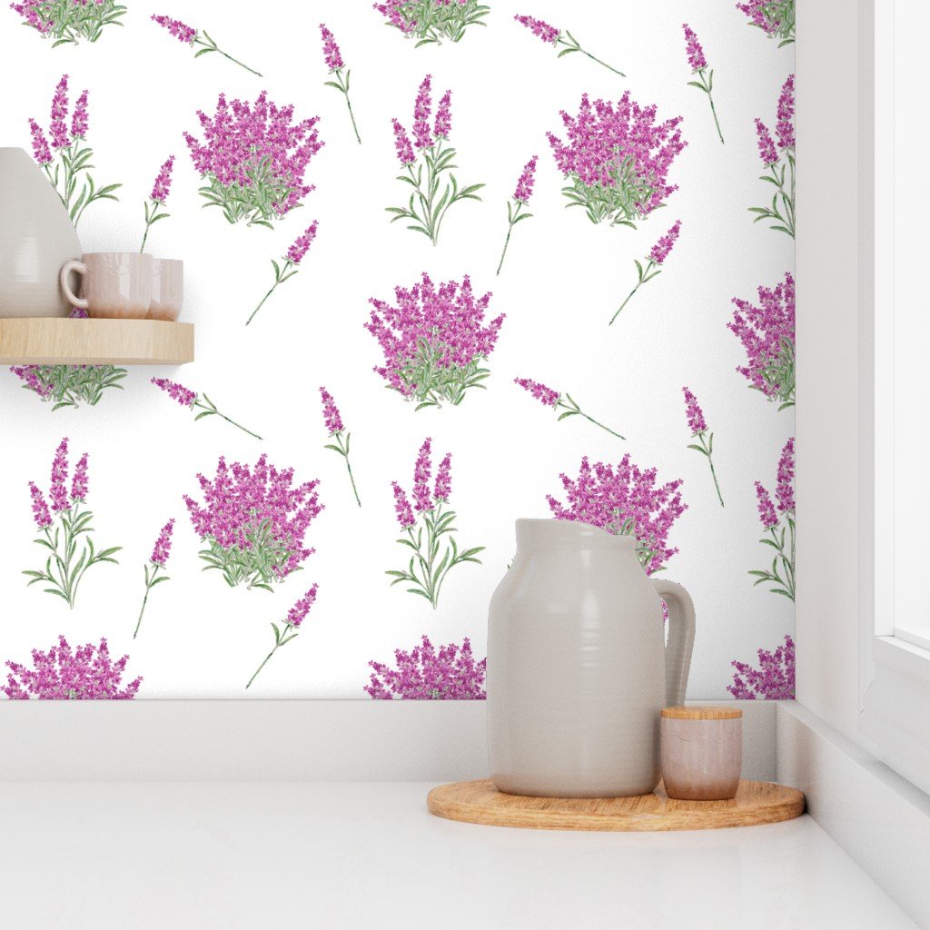 Pink Floral Sprig on White Wallpaper pink lavender wallpaper
