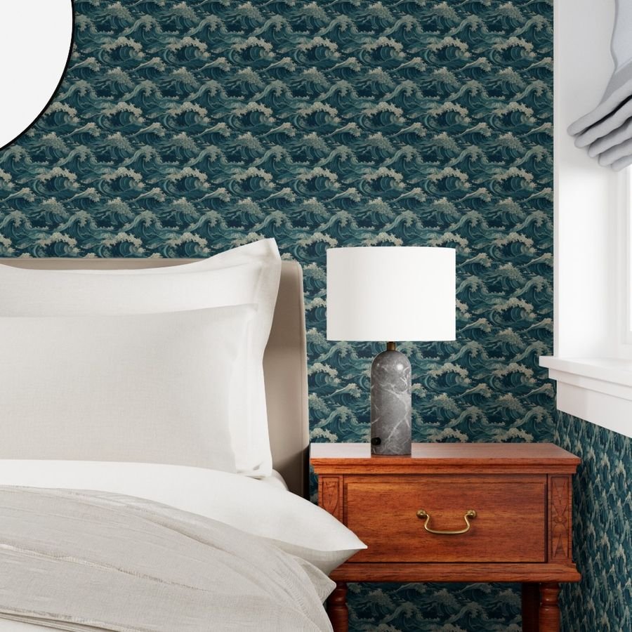 Japanese Woodcut Big Tsunami Waves in Shades of Blue Wallpaper japanese waves wallpaper