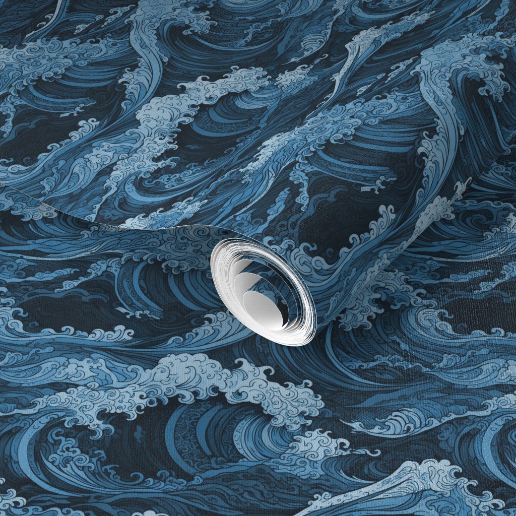 Japanese Woodcut Big Tsunami Waves in Shades of Mid-Blue Wallpaper japan wave wallpaper