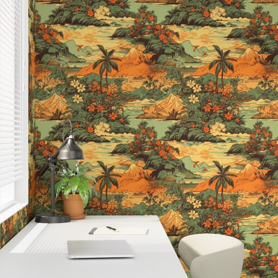 Vintage Hawaiian Landscape Green Wallpaper old hawaii wallpaper