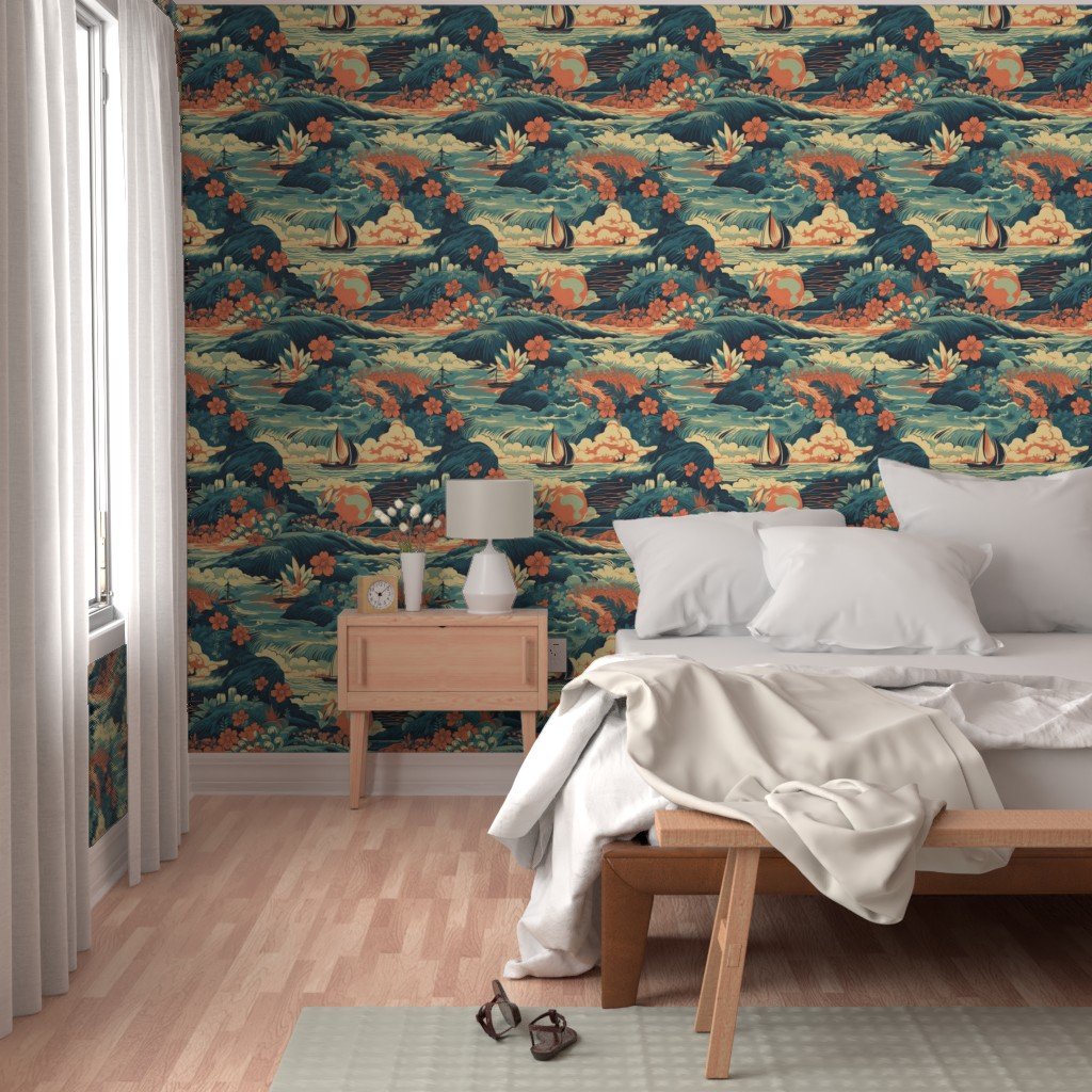 Vintage Hawaiian Seascape Wallpaper teal seascape wallpaper