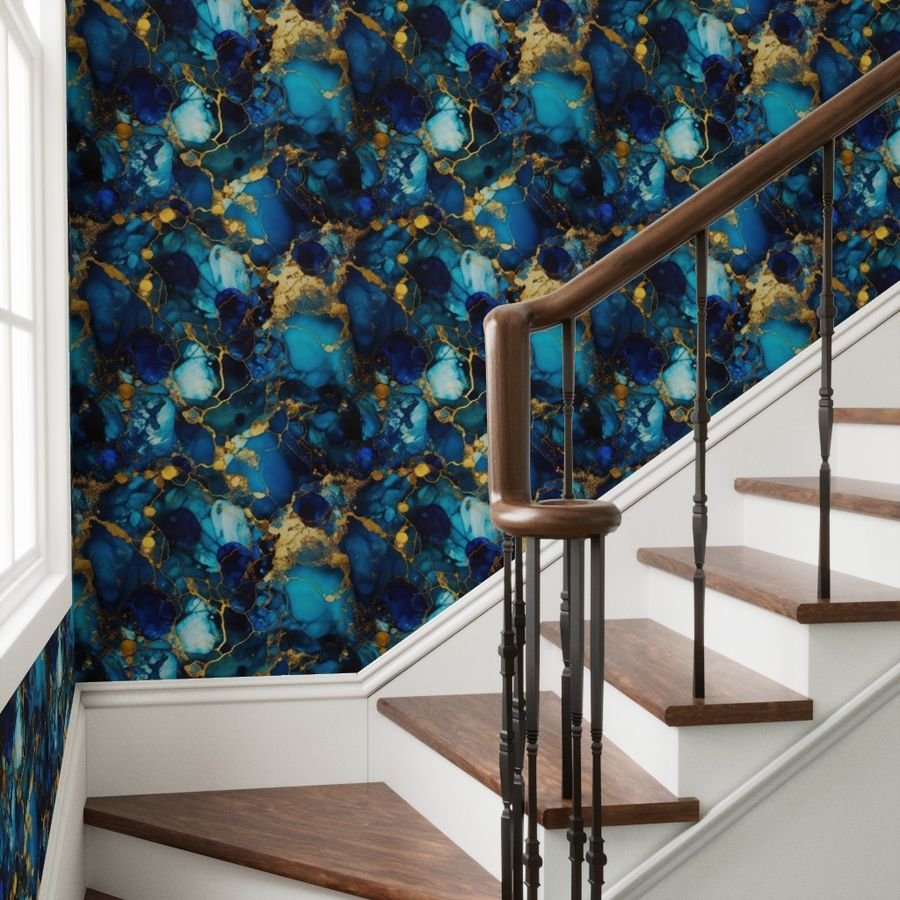 Gold and Blue Sapphire Alcohol Ink 1 Wallpaper metallic swirls wallpaper