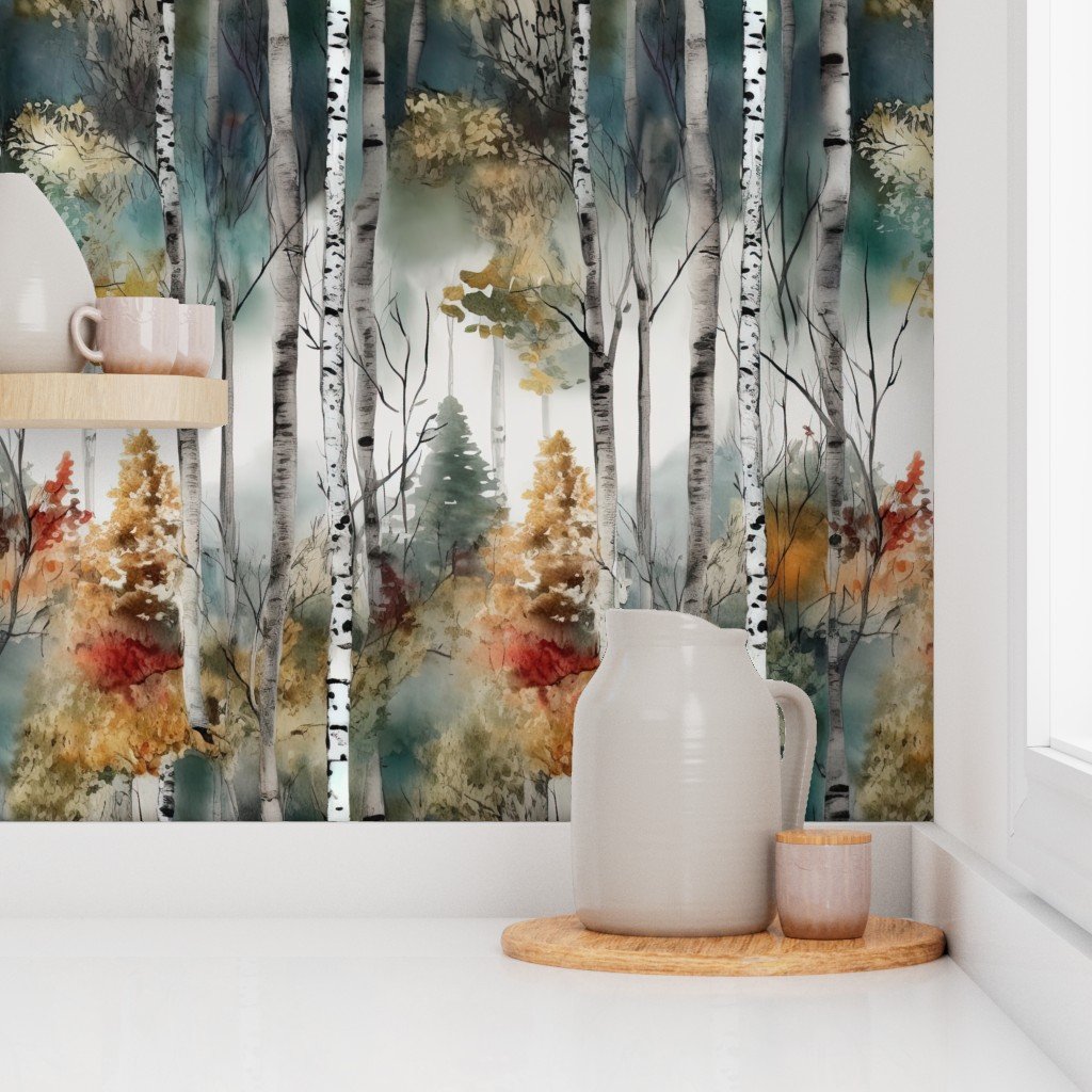 Endless Birch Tree Dreamscape Trees in Misty Forest Watercolor Wallpaper autumn decor wallpaper