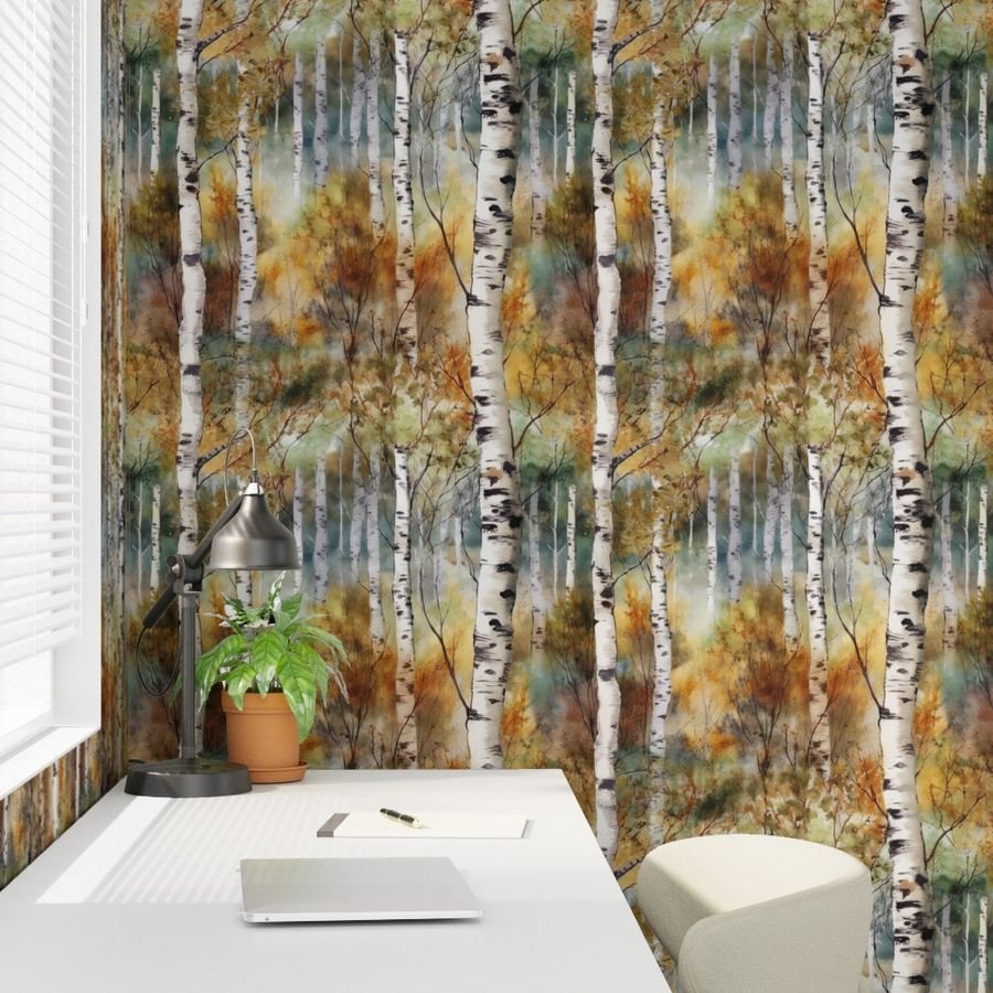 Endless Birch Tree Dreamscape Trees in Misty Forest Watercolor Wallpaper birch forest wallpaper