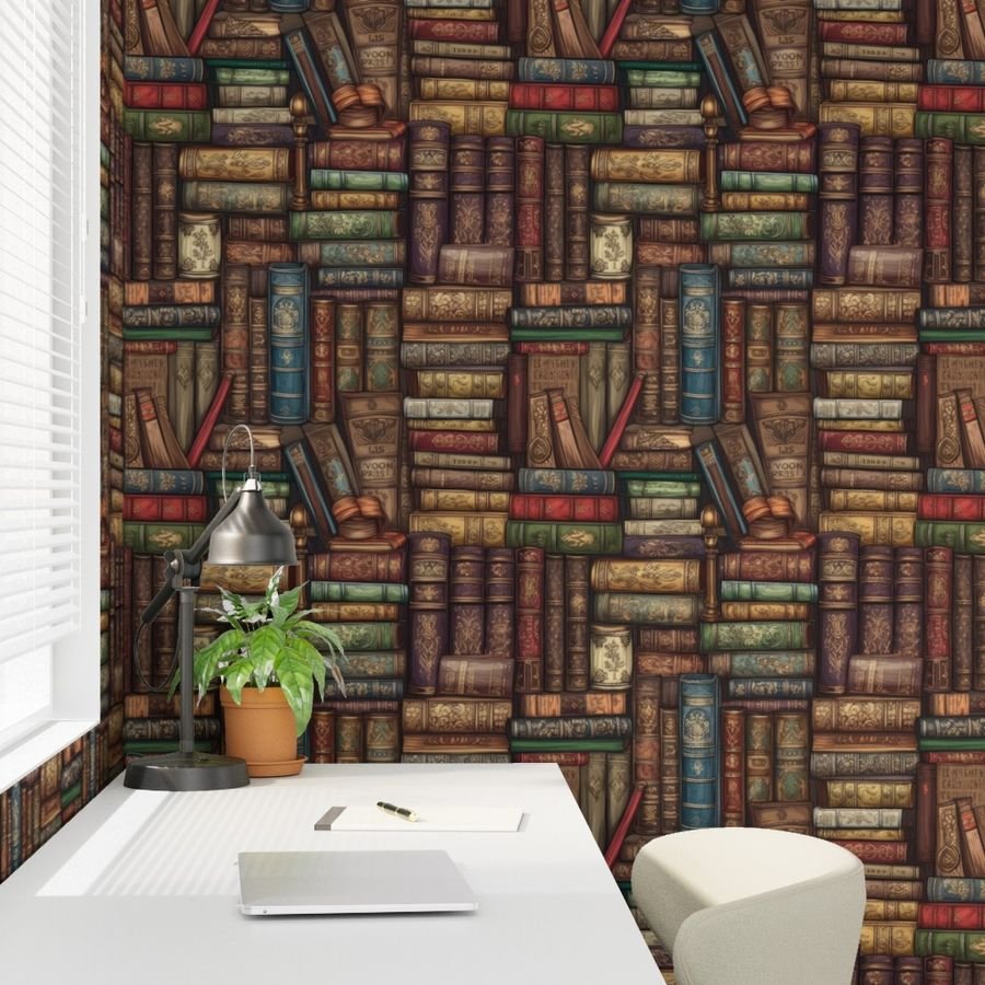 Stacked Bound Vintage Books on Library Book Shelf Decor Collection Home Decor Collection leather books wallpaper