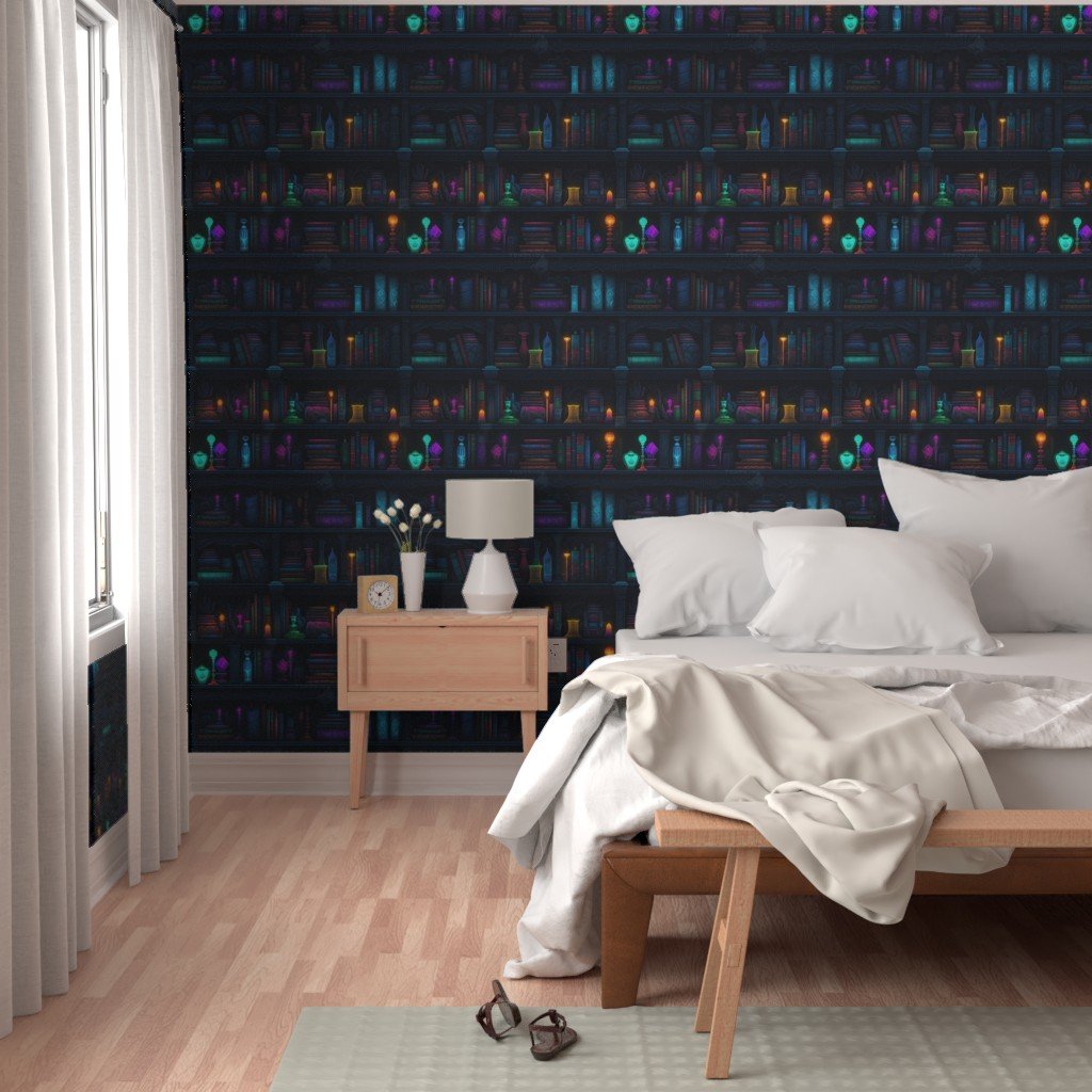 Spooky Photo realistic Dark Academia Bookshelves in Bright Neons Wallpaper book shelves wallpaper