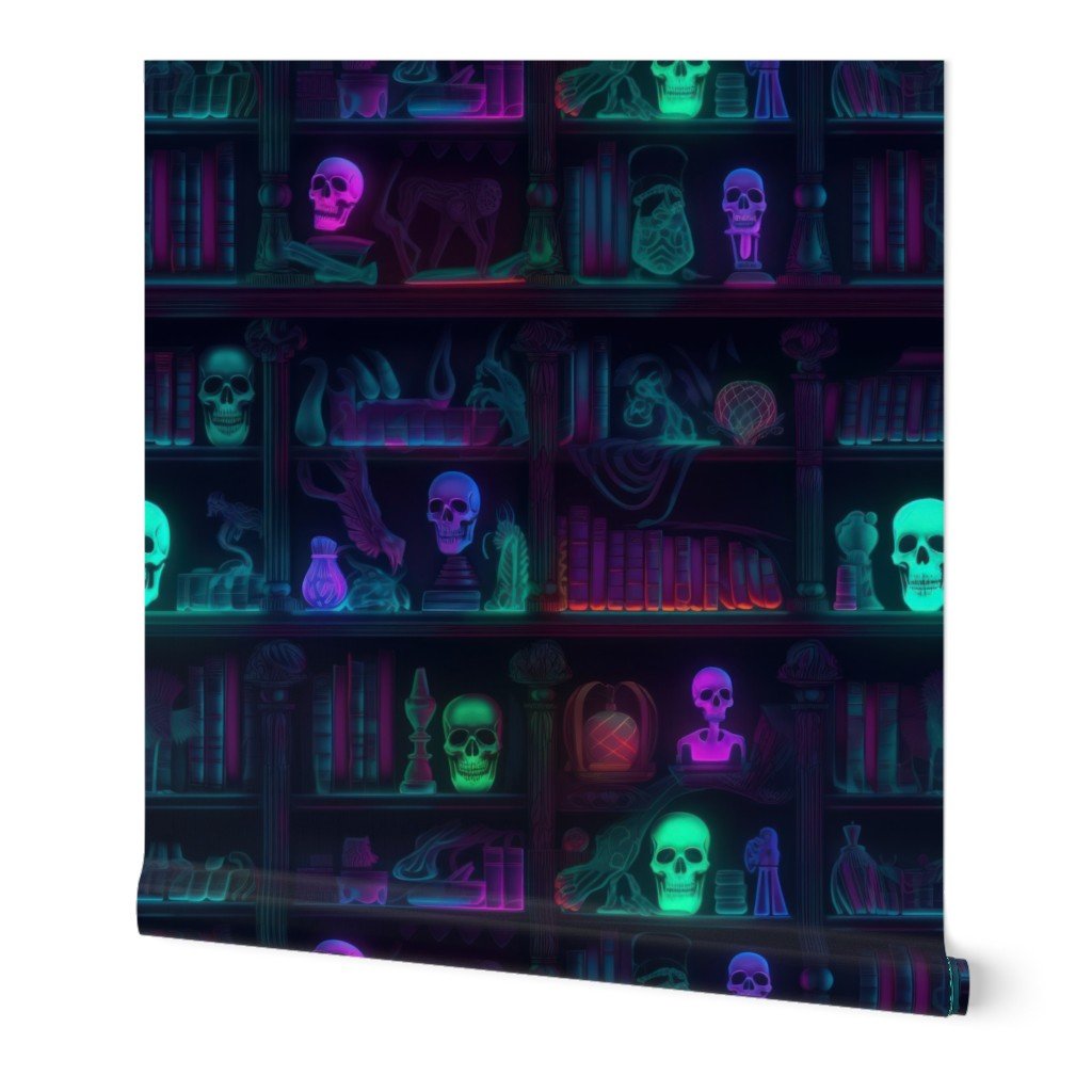 Spooky Photo realistic Dark Academia Bookshelves in Bright Neons Wallpaper book shelves wallpaper