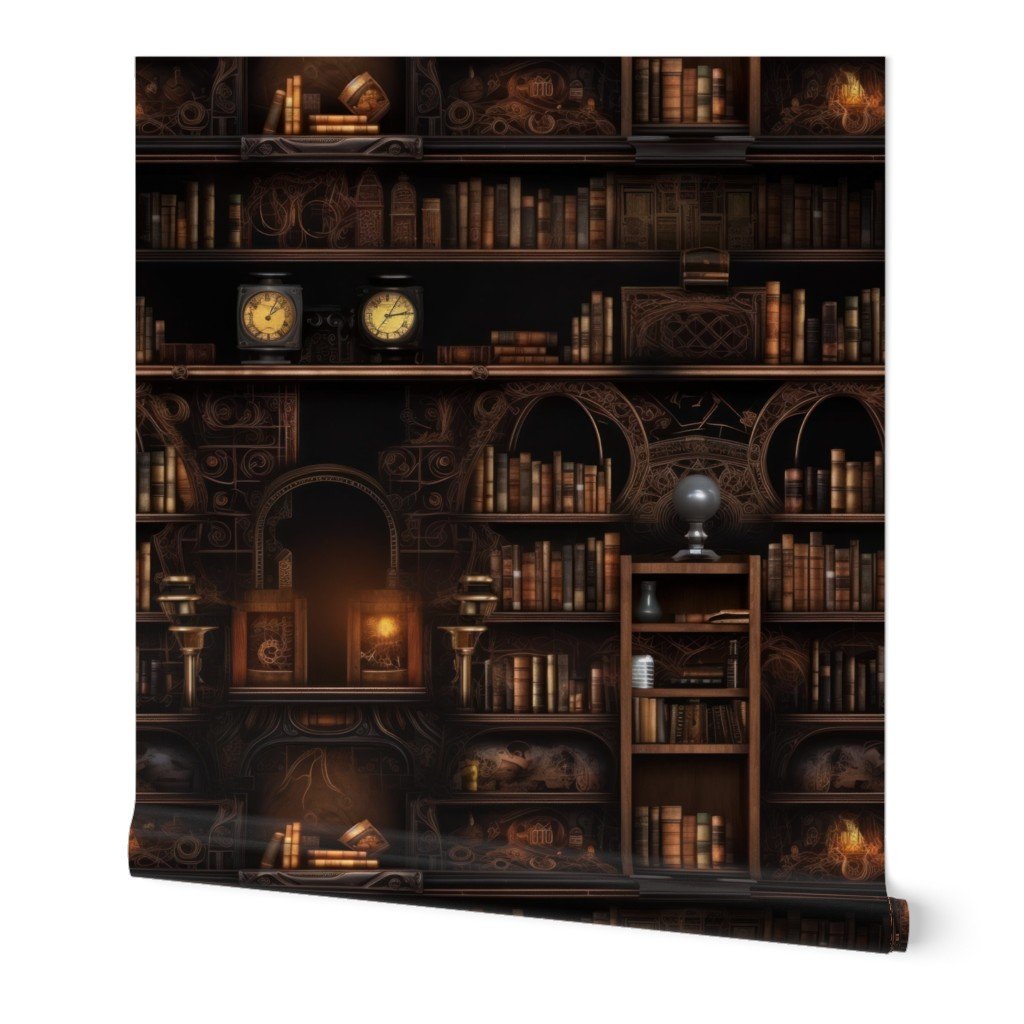 Spooky Photo realistic Dark Academia Stampunk Bookshelves in Muted Wallpaper dark academmia wallpaper