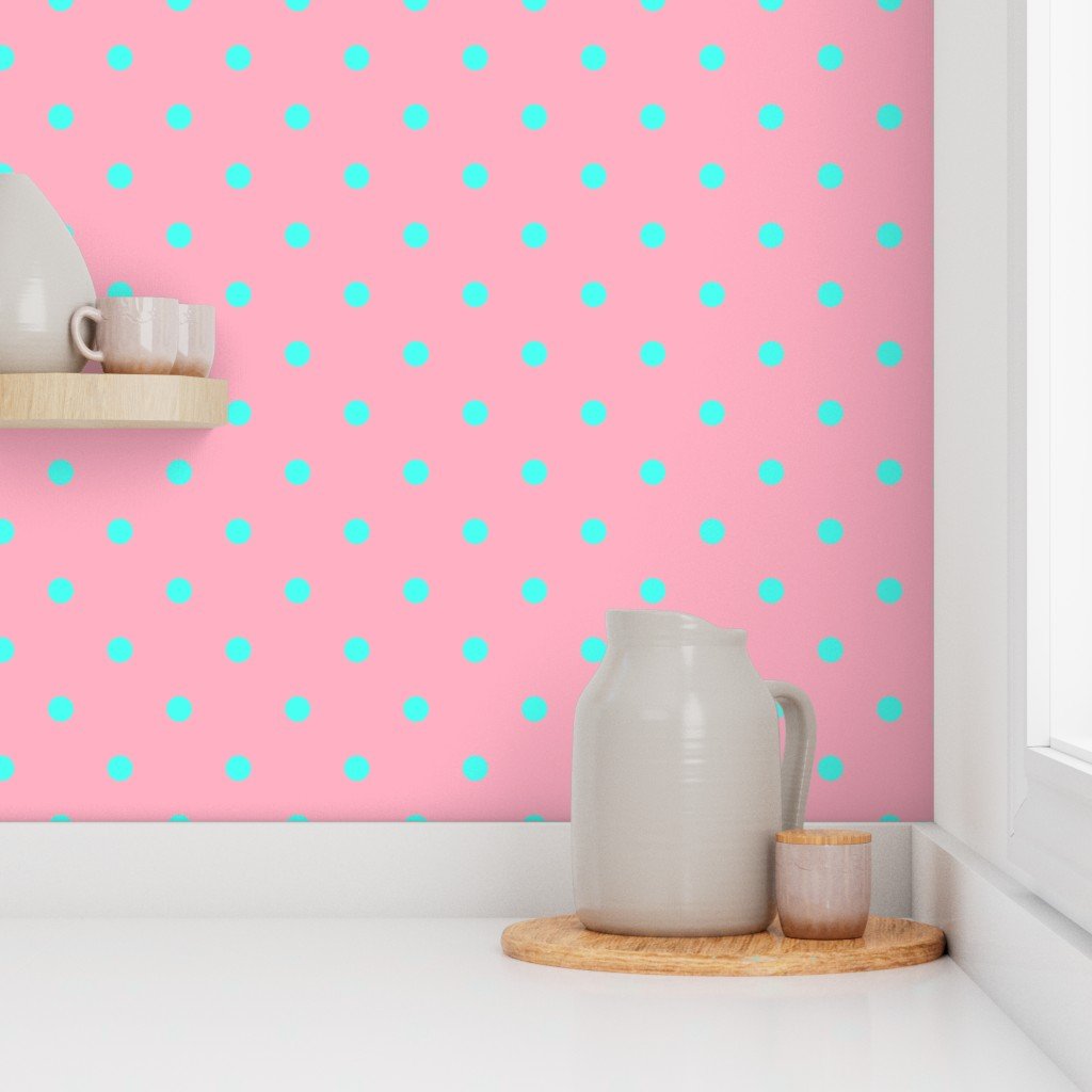 Large Polka Dots in South Beach Aqua Blue on Palm Beach Pink Wallpaper south beach wallpaper