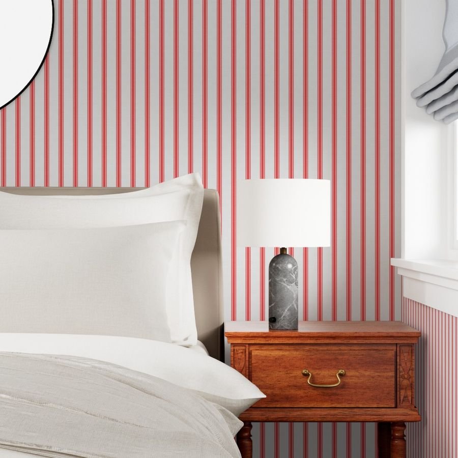 Distressed Vintage Scarlet Red Mattress Ticking with Two Inch Wallpaper vintage ticking wallpaper
