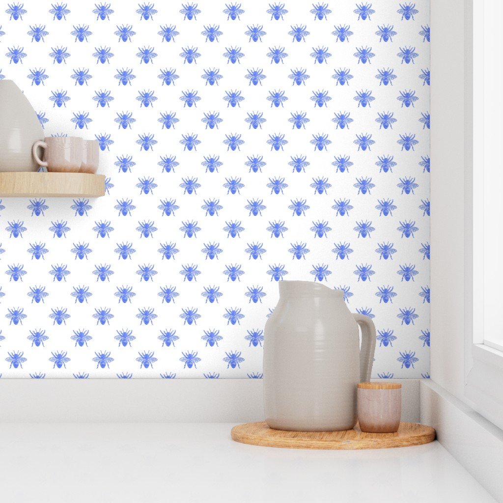 Blue Faux-foiled Bees on White Home Styling Collection Home Decor Collection queen bee wallpaper