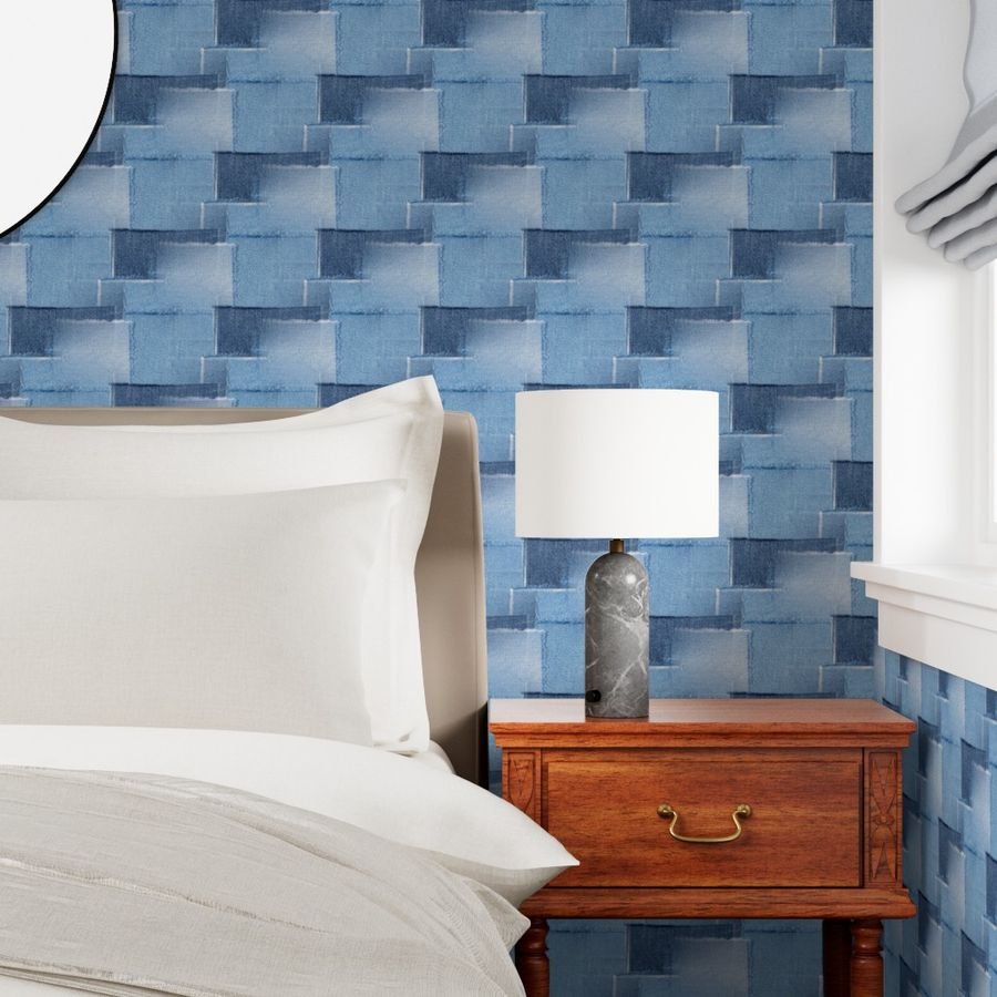 Abstract Patchwork Pattern of Frayed and Fringed Patches of Blue Wallpaper frayed denim edges wallpaper
