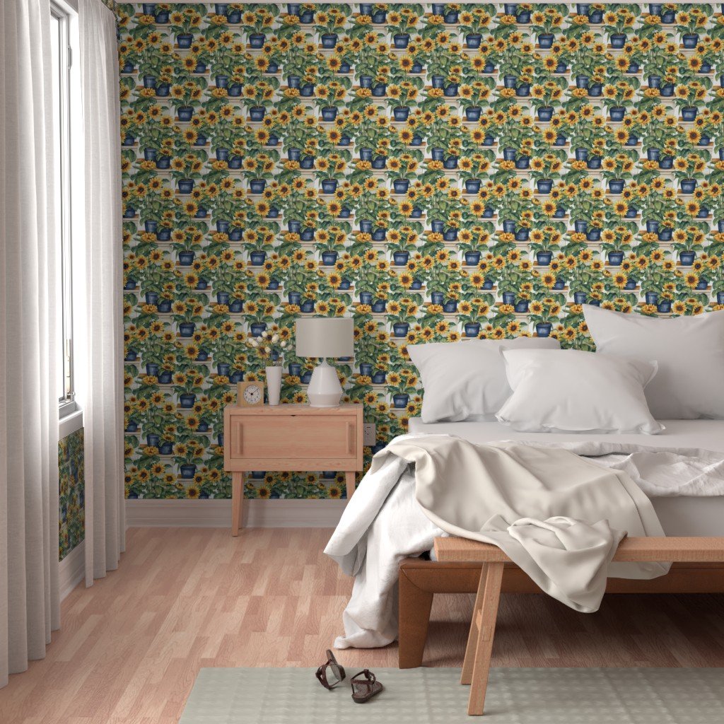 Potted Yellow Sunflower Plants Watercolor Wallpaper sunflowers scene wallpaper
